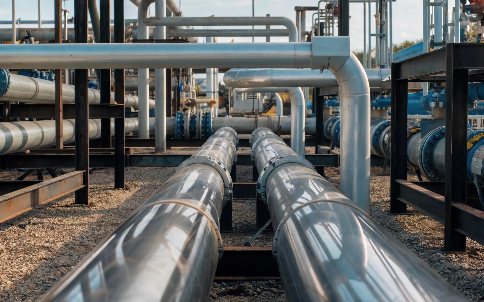 steel long pipes in crude oil factory during sunset. gas pipeline background. High quality photo