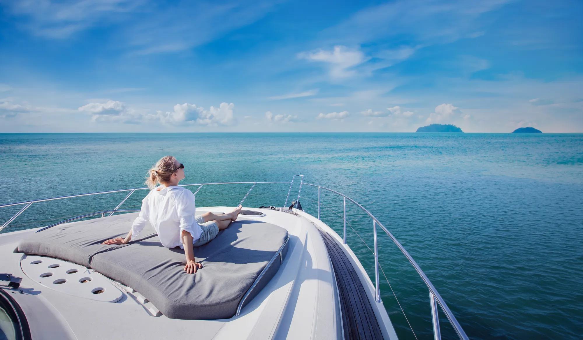 beautiful woman on luxury boat, yacht sea cruise, luxurious lifestyle, vip travel or dream life