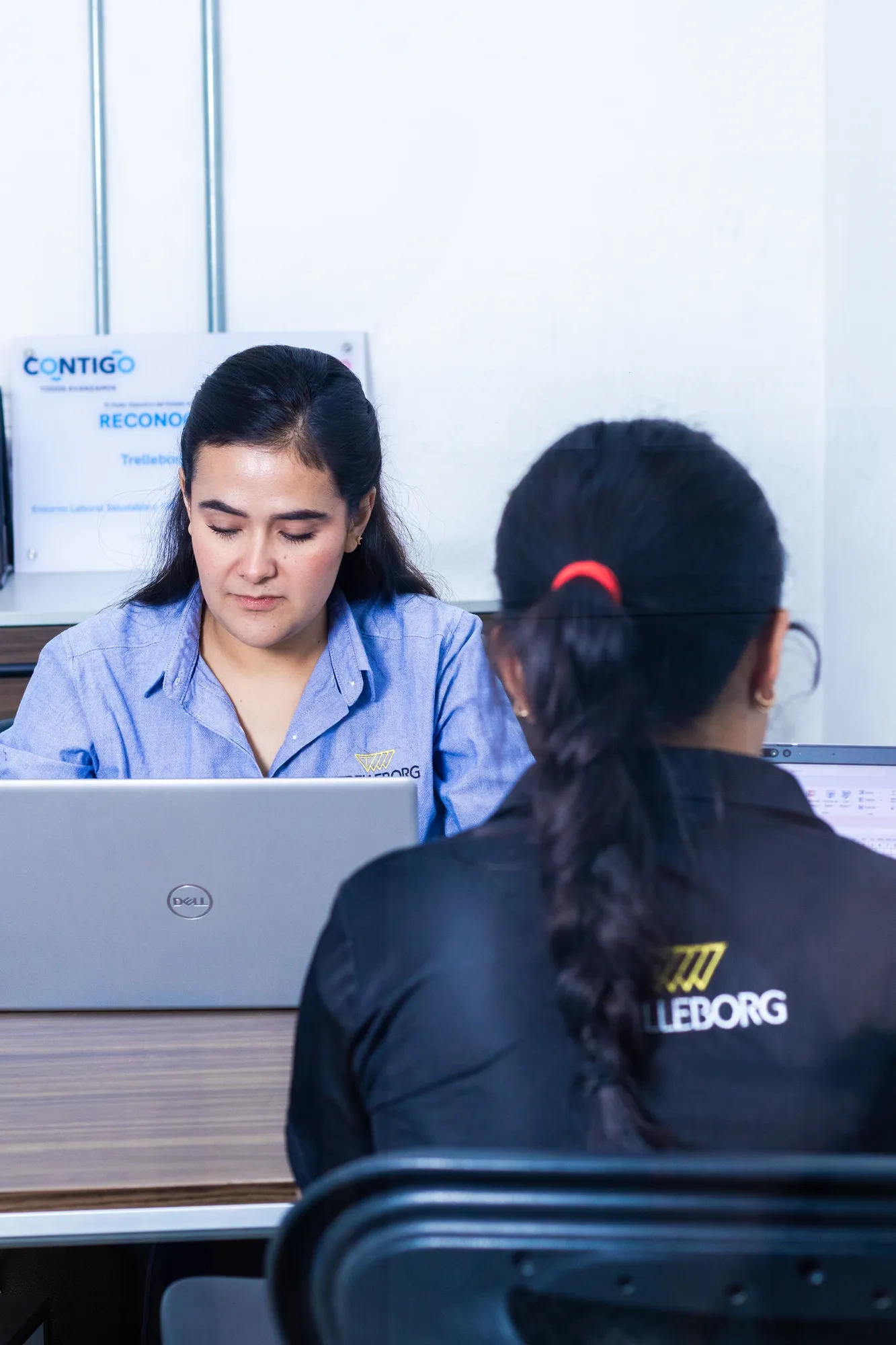 Two Trelleborg employees working together, in the Queretaro office.