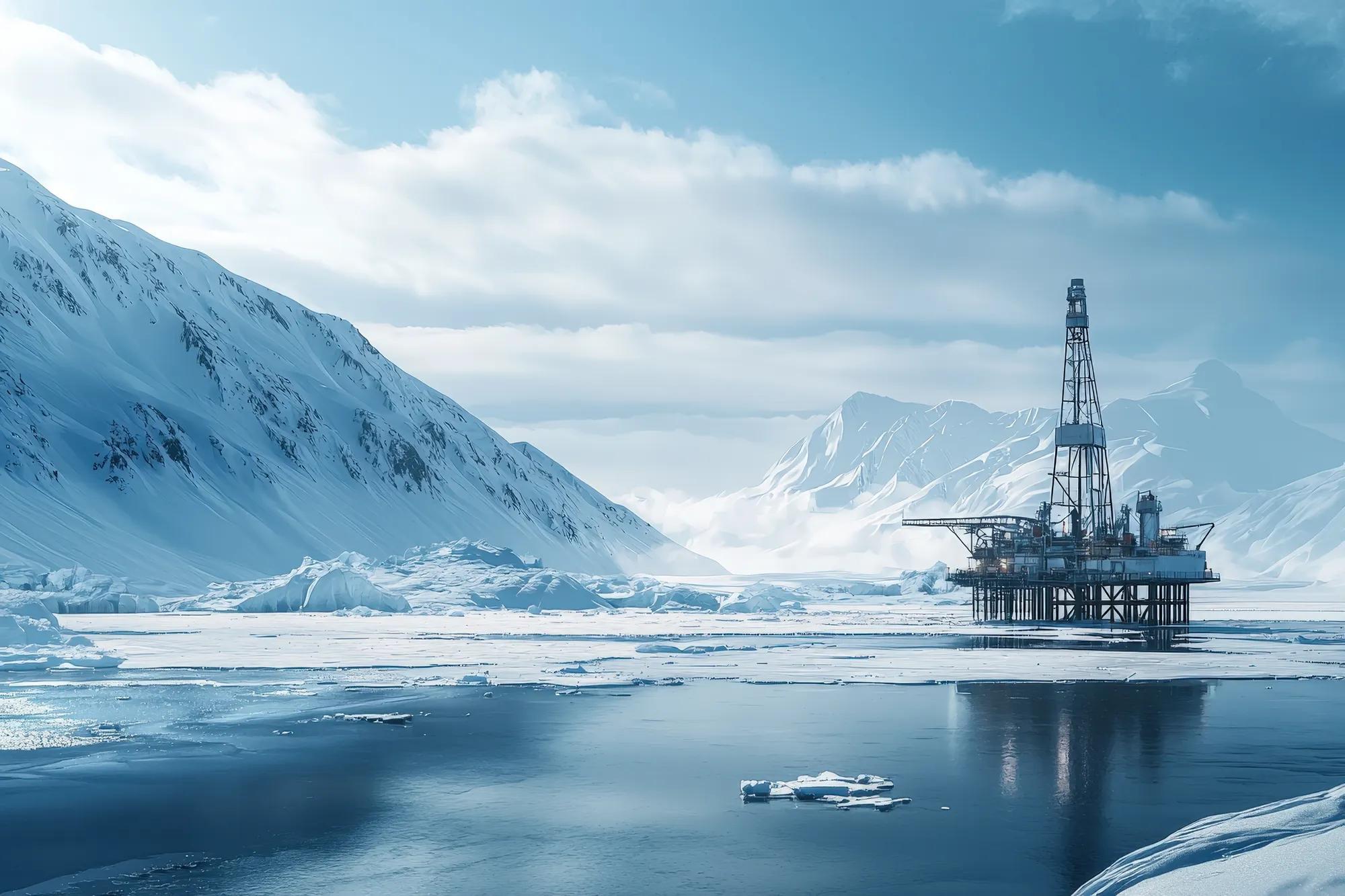 Arctic oil production platform, beautiful landscape view, cold winter