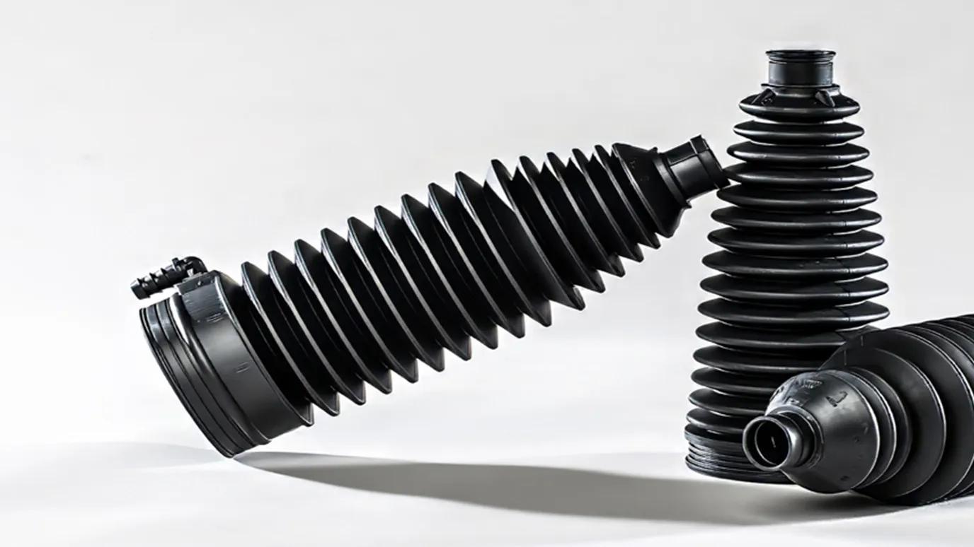 Three rack and pinion boots displayed side by side, with the center boot featuring a standard rack and pinion design with an aspirator attachment.