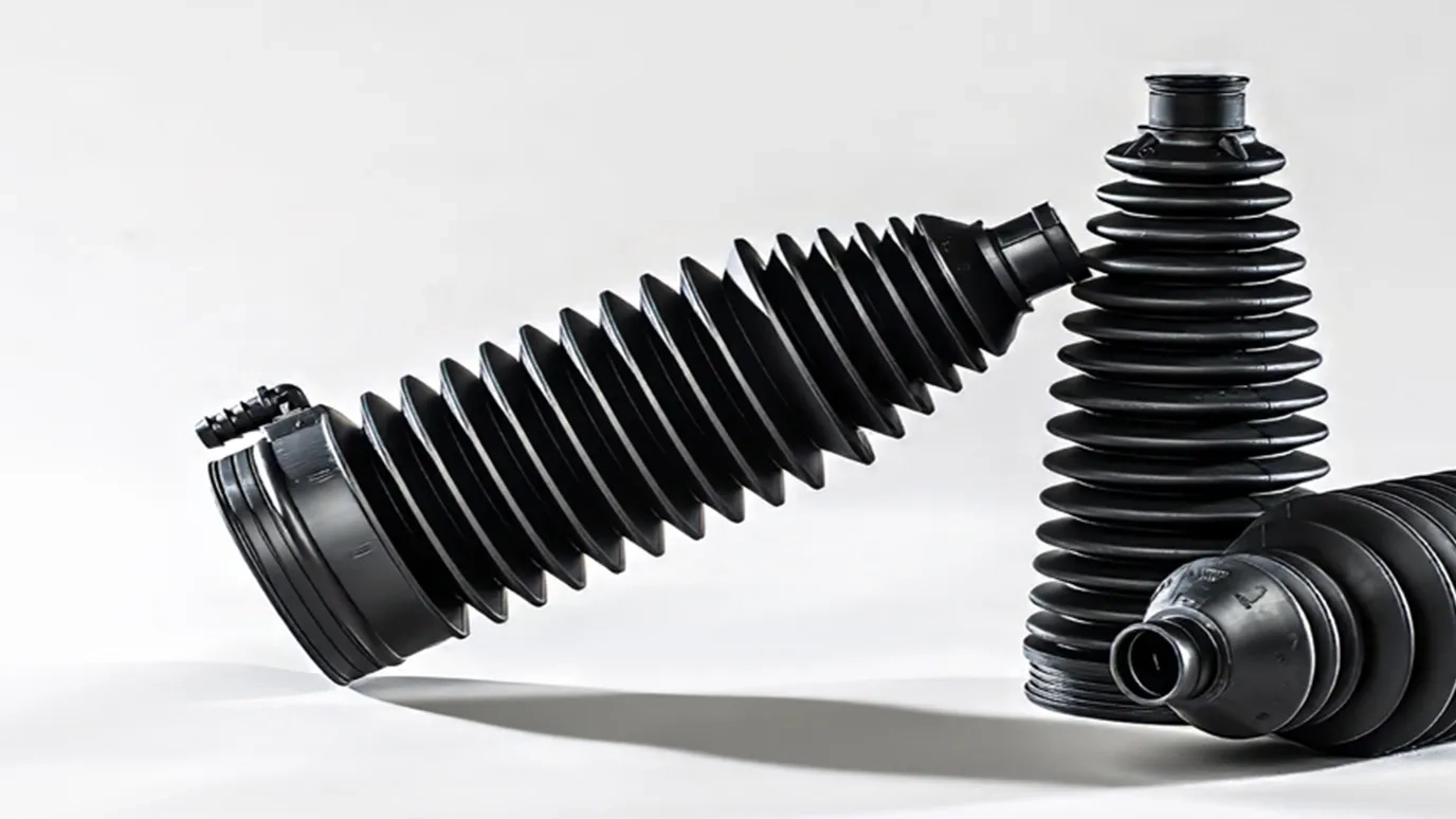 Three rack and pinion boots displayed side by side, with the center boot featuring a standard rack and pinion design with an aspirator attachment.