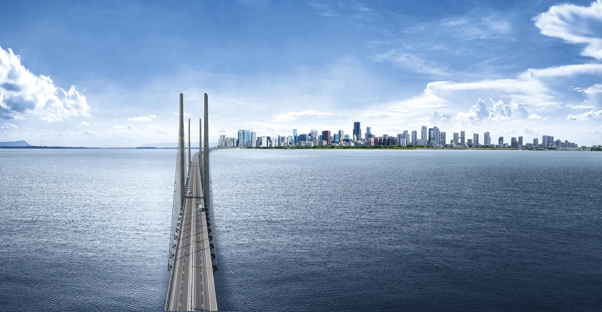 Panoramic aerial view of the Oresundsbron bridge between Denmark and Sweden. Oresund Bridge view at sunset.