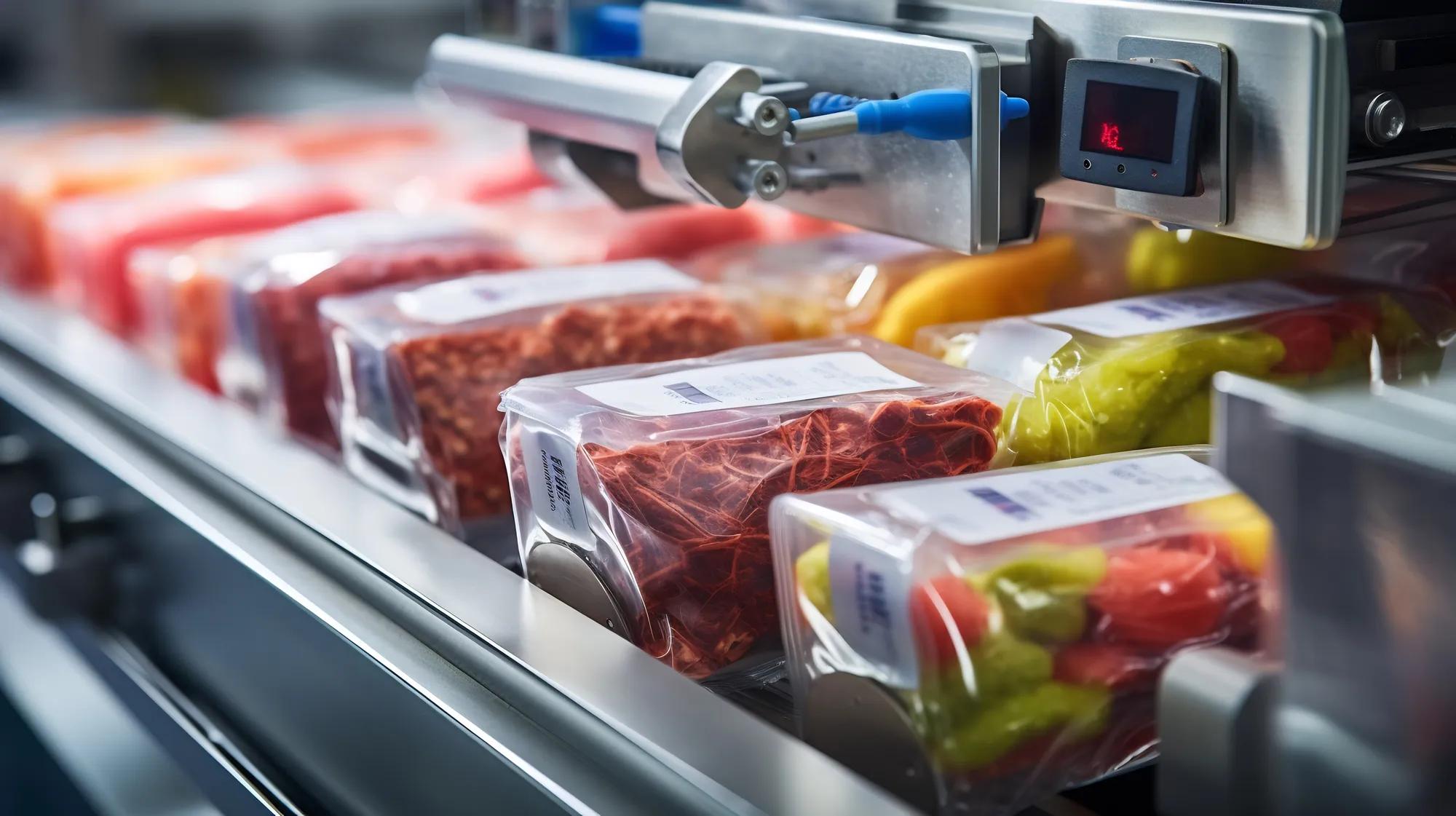 Close up view of frozen food items moving along a conveyor belt and passing through a high speed sealing machine in a commercial food processing facility or factory 