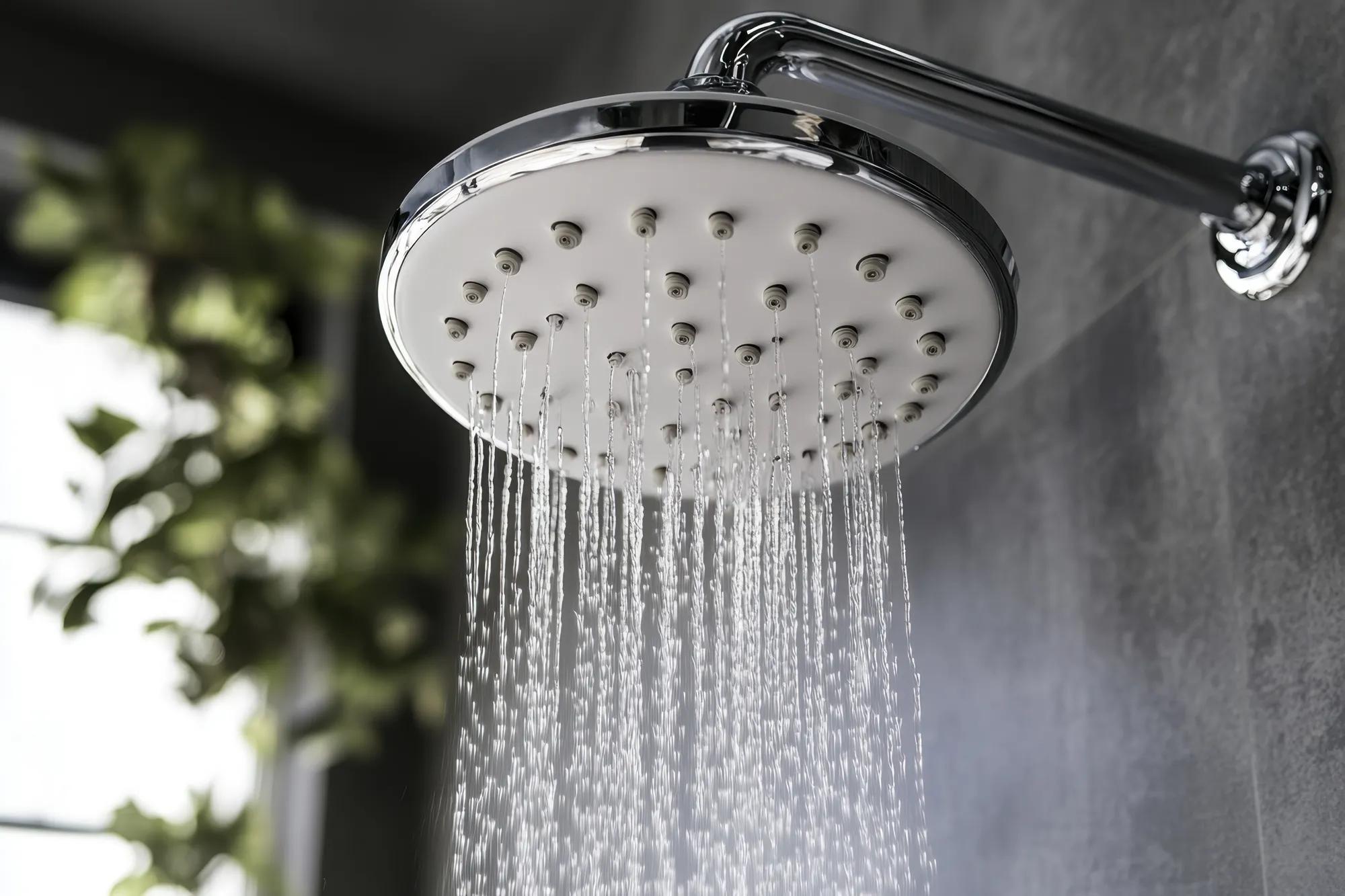 Water cascades from a stylish showerhead in a tranquil bathroom with natural elements and soft lighting.