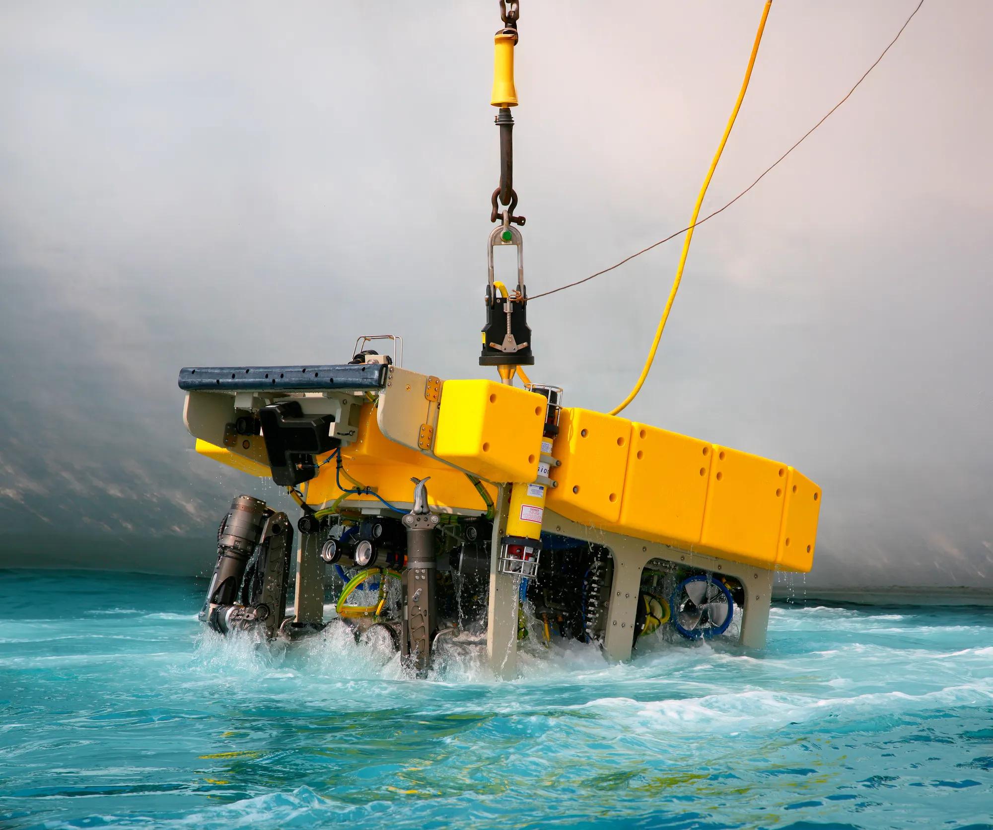 Remotely operated underwater vehicle (ROV) lifting on board of Russian carrier vessel after the working in abyss
