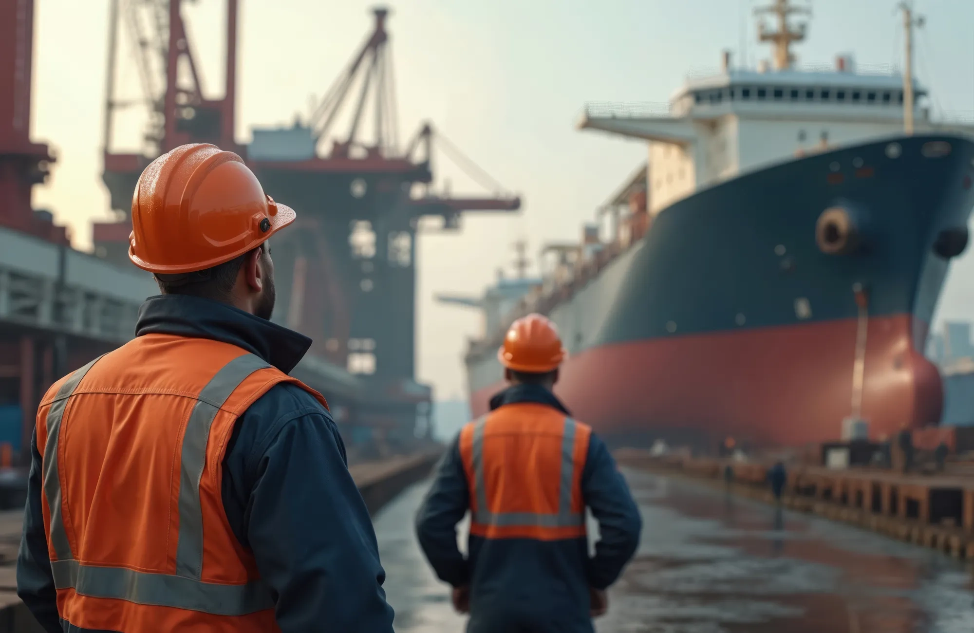 Shipyard workers observe large ship under construction. Wear safety vests hard hats. Scene takes place at dockyard with heavy machinery in background. Workers focus on big vessel. Industrial