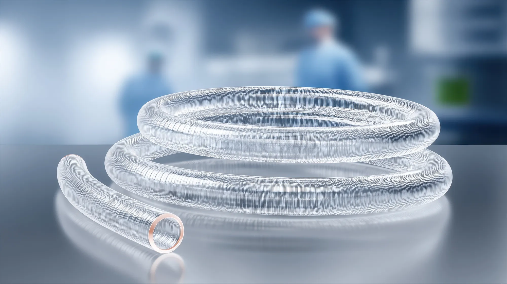 A clear silicone hose is displayed on a smooth surface, showcasing its flexibility and design. The blurred background suggests a modern medical or laboratory setting, emphasizing its practical use in healthcare and research.