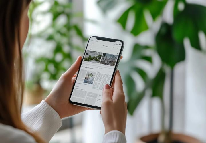 Woman engaged in reading news articles on smartphone at home with digital news mockup display