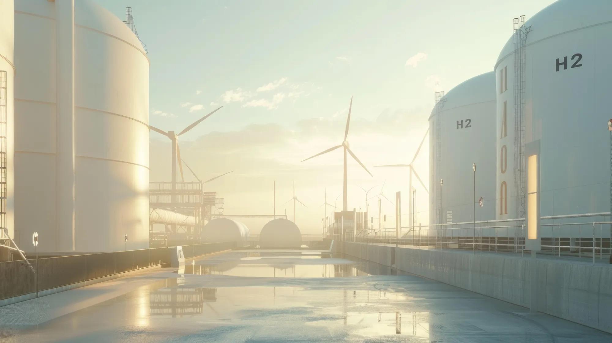 bright futuristic Green Hydrogen production plant, surrounded by massive white wind turbines spinning under a clear sky, large white hydrogen storage tanks labeled 'Hâ‚‚ Green Energy', ultra-modern clean industrial setting, soft natural sunlight reflecting on metal surfaces, ultra-detailed and immersive --ar 16:9 --style raw --v 6 Job ID: 18494d04-42c7-49ab-af7e-90d061ba01f3