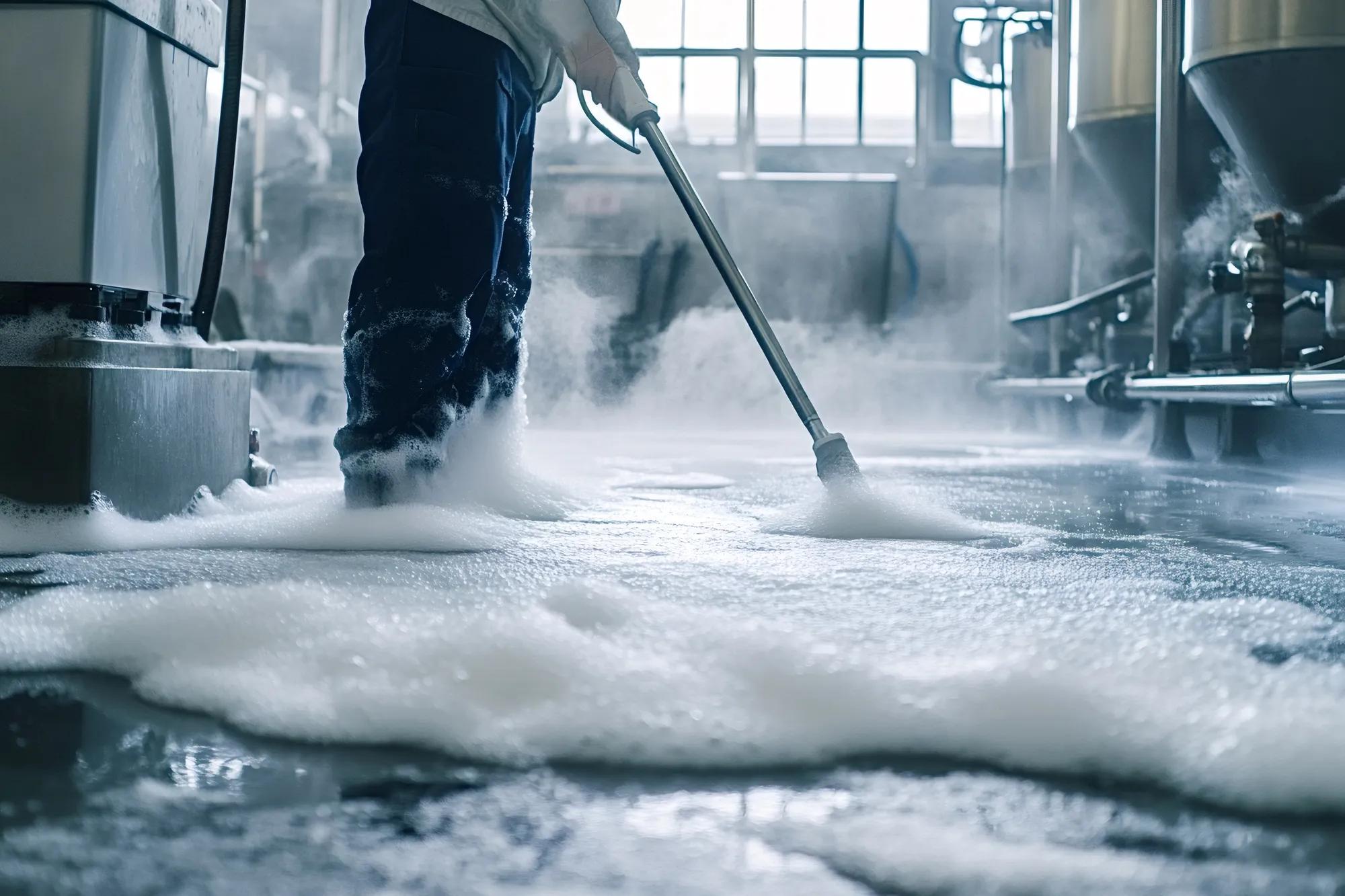 Brewery worker cleaning floor with disinfectant foam and pressure washer