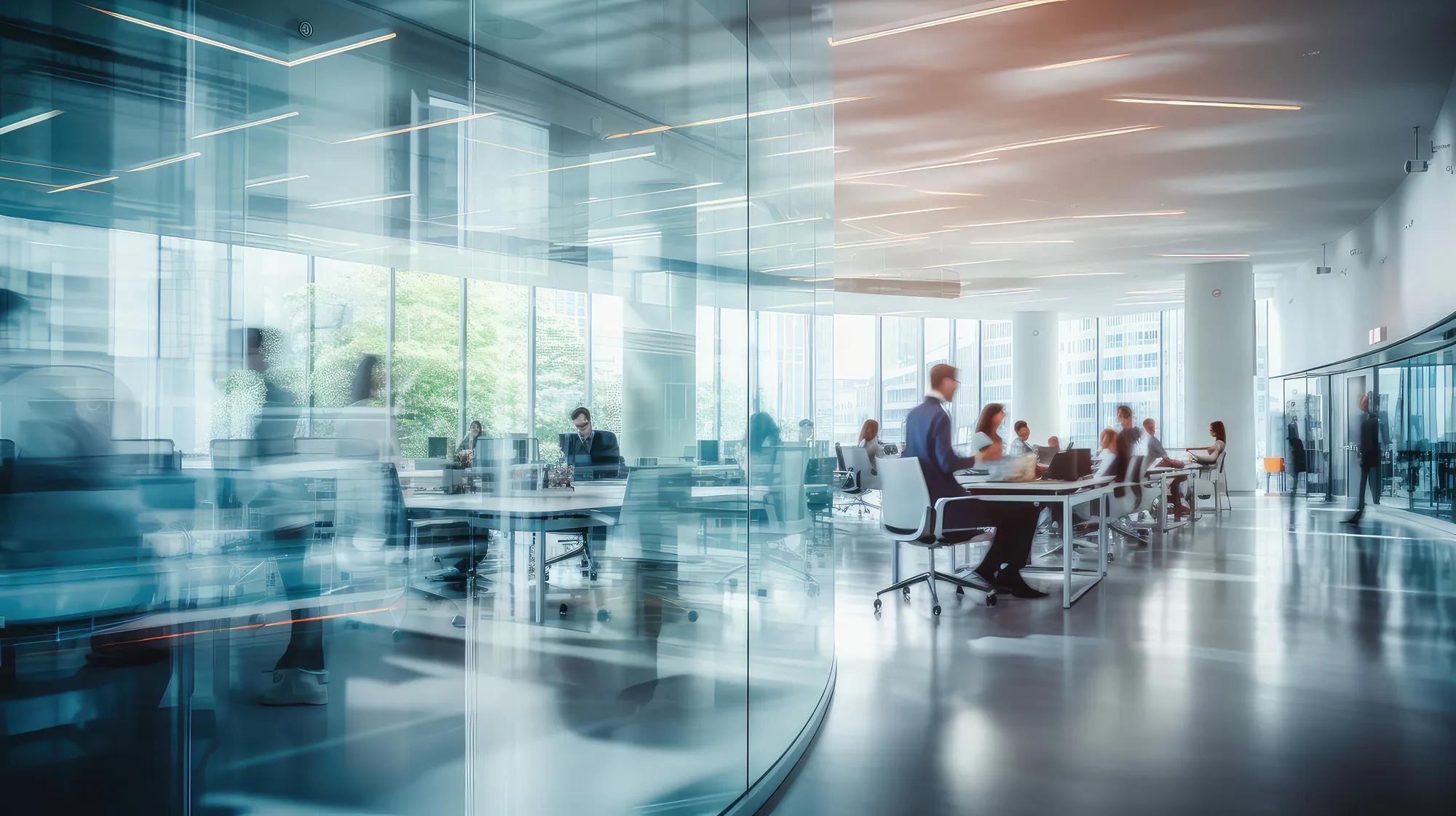 furniture blurred office space interior illustration large windows, soft movement, activity people furniture blurred office space interior