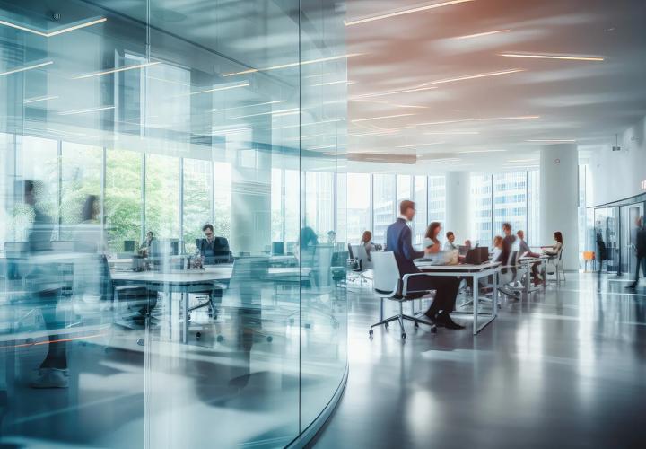 furniture blurred office space interior illustration large windows, soft movement, activity people furniture blurred office space interior