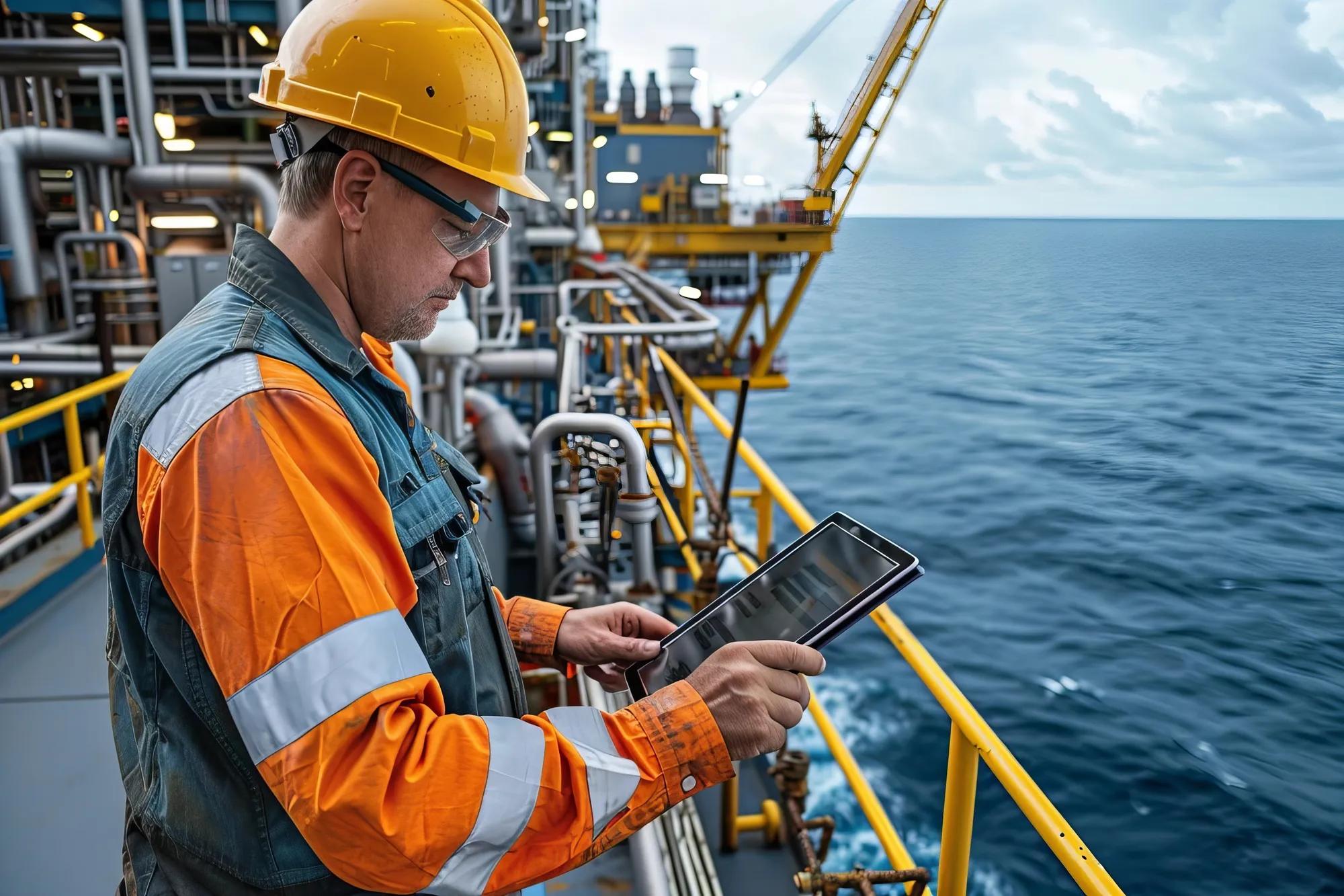 Senior Caucasian male engineer using tablet to inspect machinery on offshore oil platform in the open ocean.