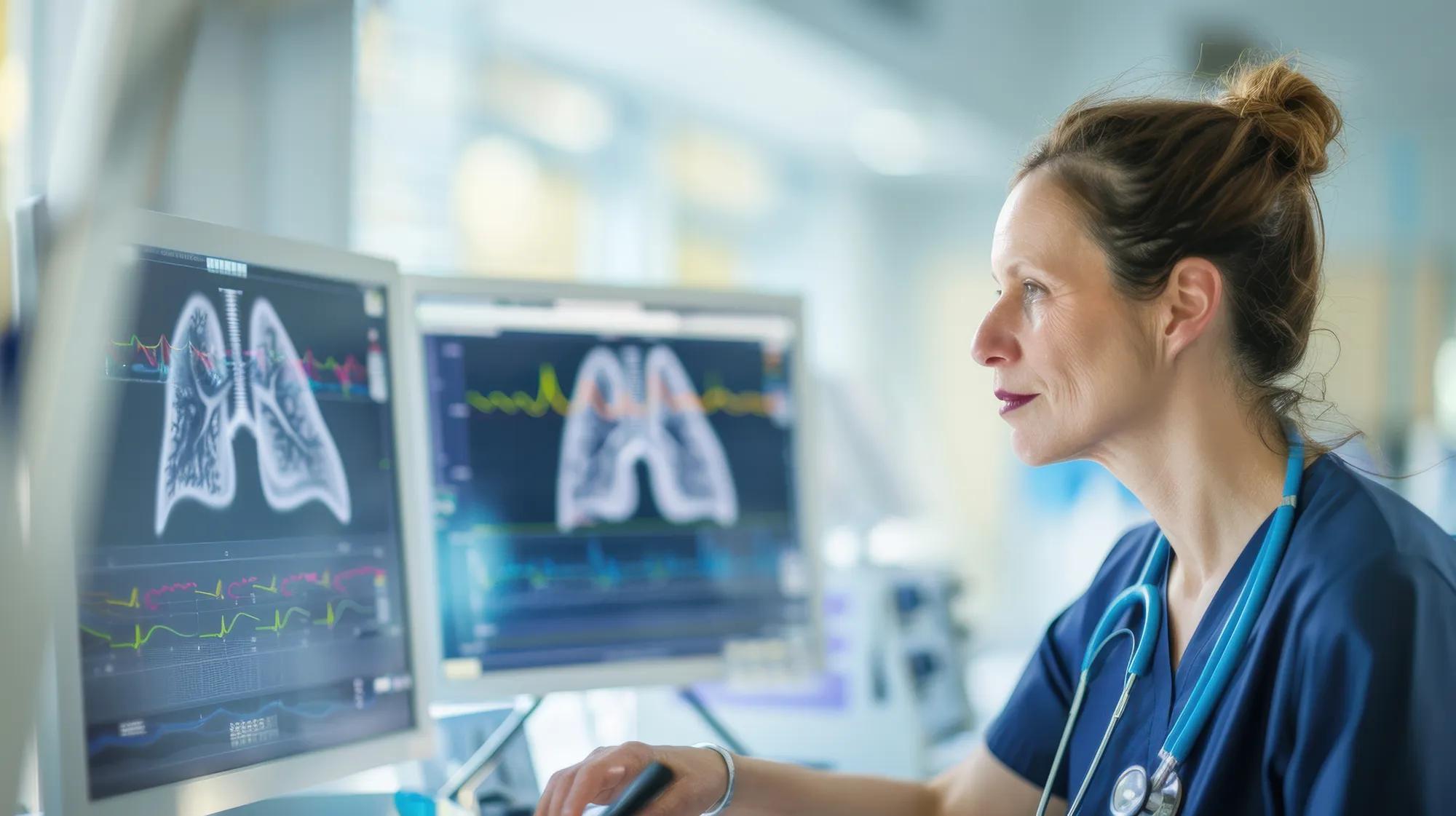 A respiratory therapist attentively monitors lung capacity and patient vitals on advanced medical equipment in modern hospital setting