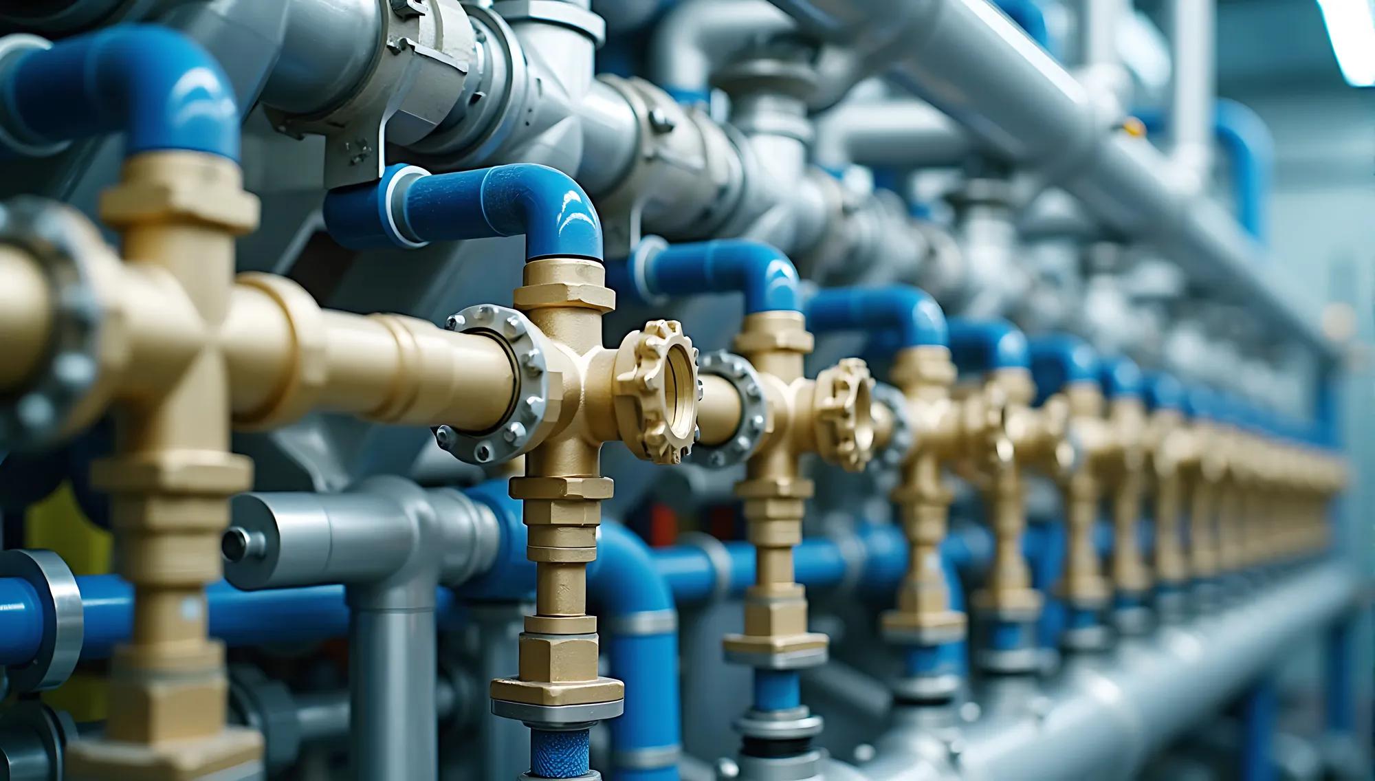 Close-up view of industrial pneumatic tools connected to a compressed air system, Complex industrial machinery, intricate valves and fittings, brass and steel components, pneumatic tubing