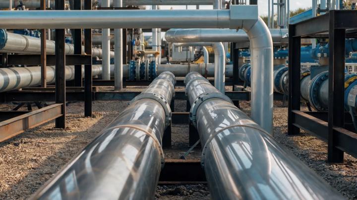 steel long pipes in crude oil factory during sunset. gas pipeline background. High quality photo