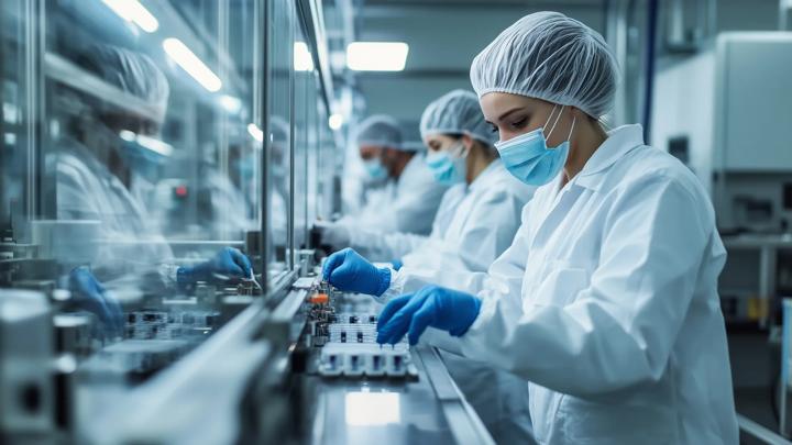 Healthcare professionals in lab coats and masks meticulously assemble medical devices in a cleanroom environment, ensuring quality and safety.