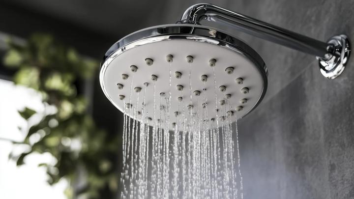 Water cascades from a stylish showerhead in a tranquil bathroom with natural elements and soft lighting.