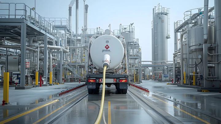 Fuel Tanker Being Loaded at a Modern Processing Plant Showcasing Efficient Hose Connections and Seamless Logistics in the Energy and Transportation Industry