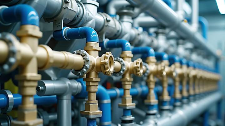Close-up view of industrial pneumatic tools connected to a compressed air system, Complex industrial machinery, intricate valves and fittings, brass and steel components, pneumatic tubing