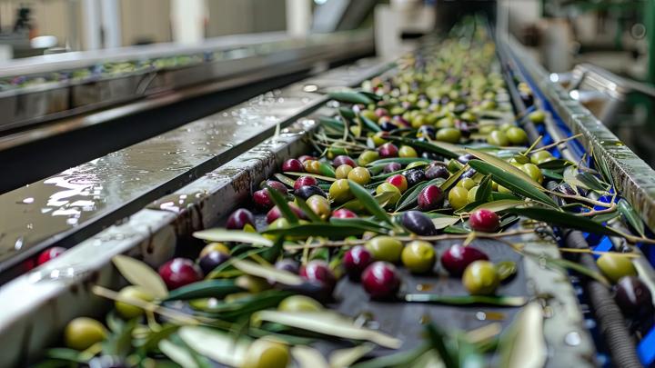 Fresh organic olives with leaves and brunches being processed and carried on industrial belt during olive oil production process. Responsible and conscious small batch family business production --ar 3:2 Job ID: a5da8a0a-ad65-4b27-ae55-34ec47f54e4b
