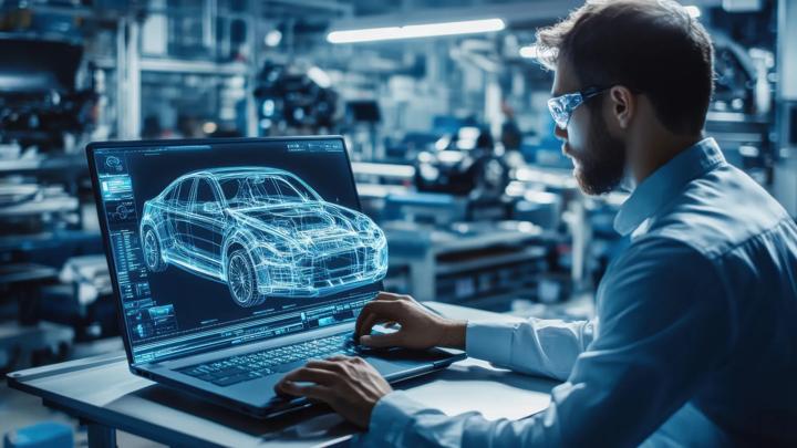 Automotive engineer analyzing car design on a laptop in a modern factory