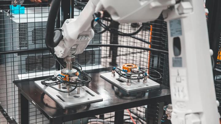 Robot arm cnc automation handling system for industrial manufacturing and factory production.