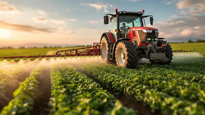 Tractor spraying crops