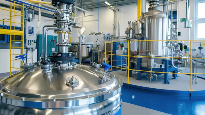 A spacious industrial facility features large stainless steel vessels used for chemical processing, with bright lighting and organized equipment evident throughout the area.