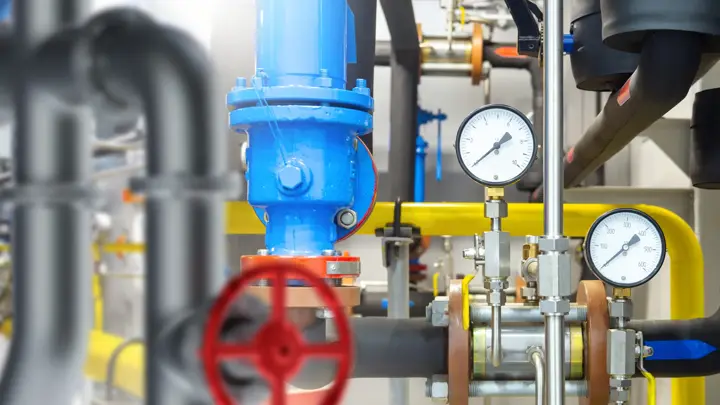 Industrial equipment. Boiler equipment pipes. Tangled gas pipeline. Pressure gauges for gas equipment. Boiler technologies. Pipes inside gas compressor station. Engineering communications enterprise