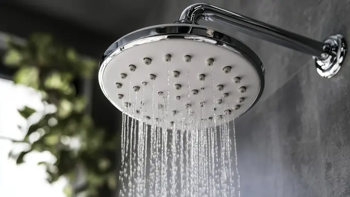 Water cascades from a stylish showerhead in a tranquil bathroom with natural elements and soft lighting.