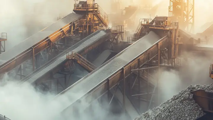 Conveyor belts transporting gravel in a gravel crushing and screening plant, creating dust and fog at sunset, symbolizing industrial activity