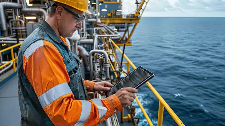 Senior Caucasian male engineer using tablet to inspect machinery on offshore oil platform in the open ocean.