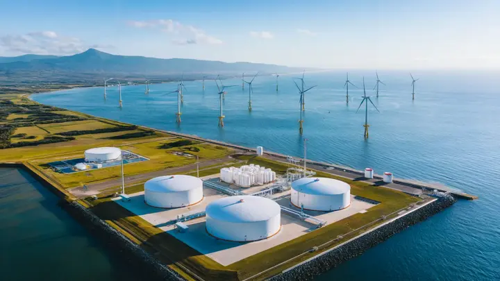 A panoramic view of a hydrogen storage plant by the shoreline, displaying storage tanks and sustainable energy facilities powered by wind turbines offshore.