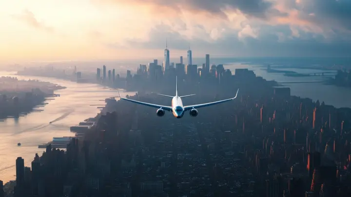 A commercial airplane flying over New York City with a stunning sunset and the iconic skyline in the background.