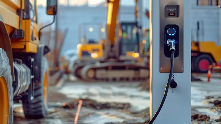 Electric vehicle charger beside heavy machinery on construction site