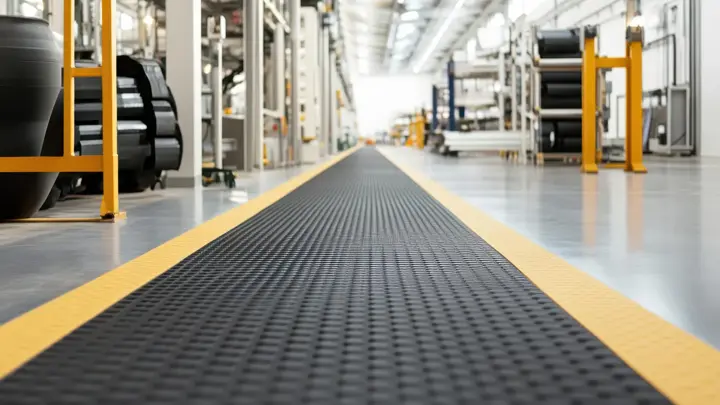 Photorealistic recycled rubber flooring, durable and sustainable material for industrial spaces