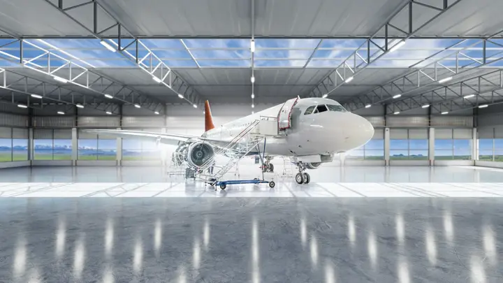 Aircraft under maintenance, checking mechanical systems for flight operations. Plane in the hangar.