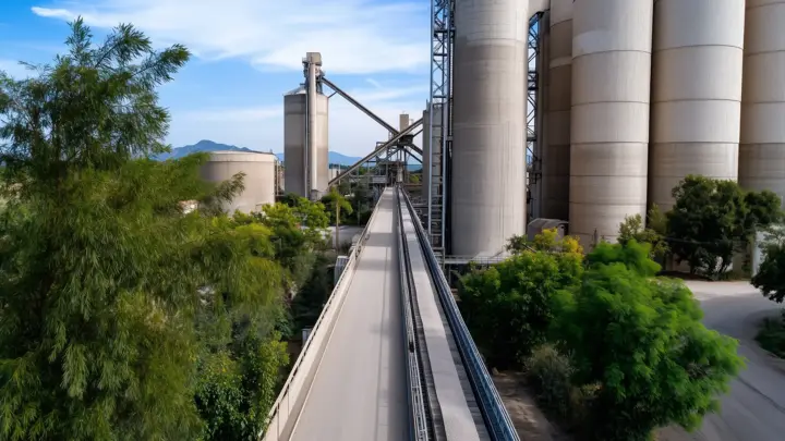 A wide shot of a cement factory with conveyor belts transporting raw materials between silos --ar 16:9 --style raw --personalize njb9p1i --v 6.1 Job ID: 3f30abb5-87e0-4868-abc3-ffac4a8d3d30