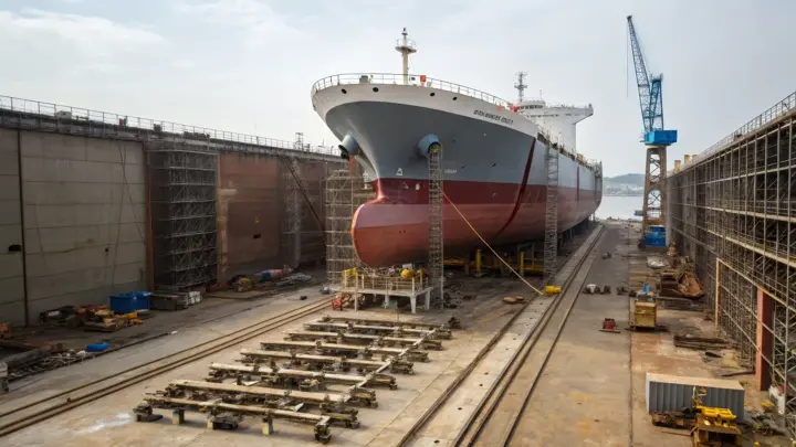 A large cargo ship is positioned in a dry dock at a shipyard, surrounded by scaffolding and heavy machinery. Workers are engaged in repair activities.