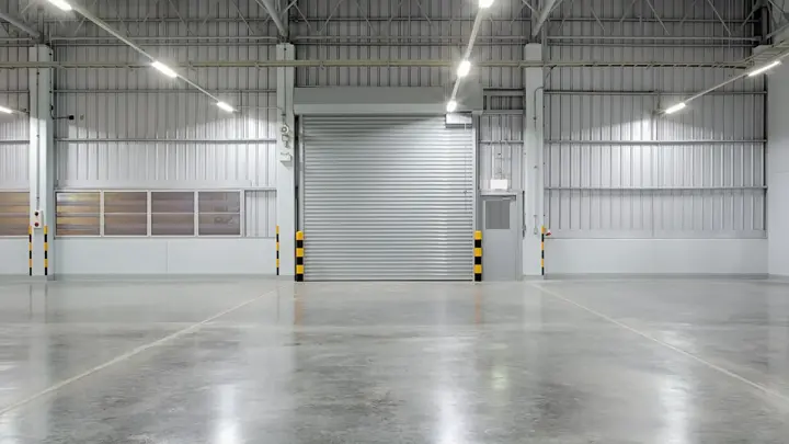 Roller shutter door and concrete floor outside factory building for industry background.