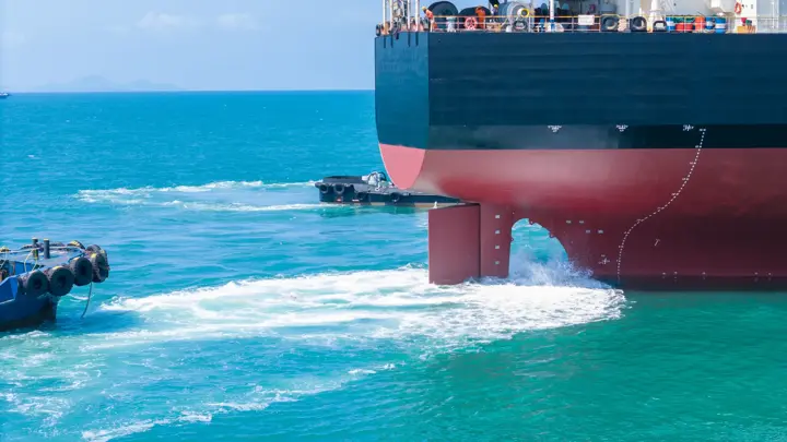 Propeller of large ship spinning power working and water splash contrail . Close up image detail Stern back of Vessel ship, Logistics Transportation industry express technology Freight