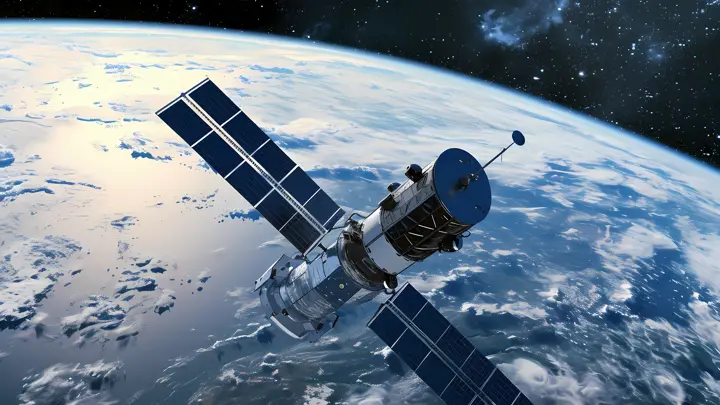 A Modern Satelite In Space, A Satellite In Space Above Earth