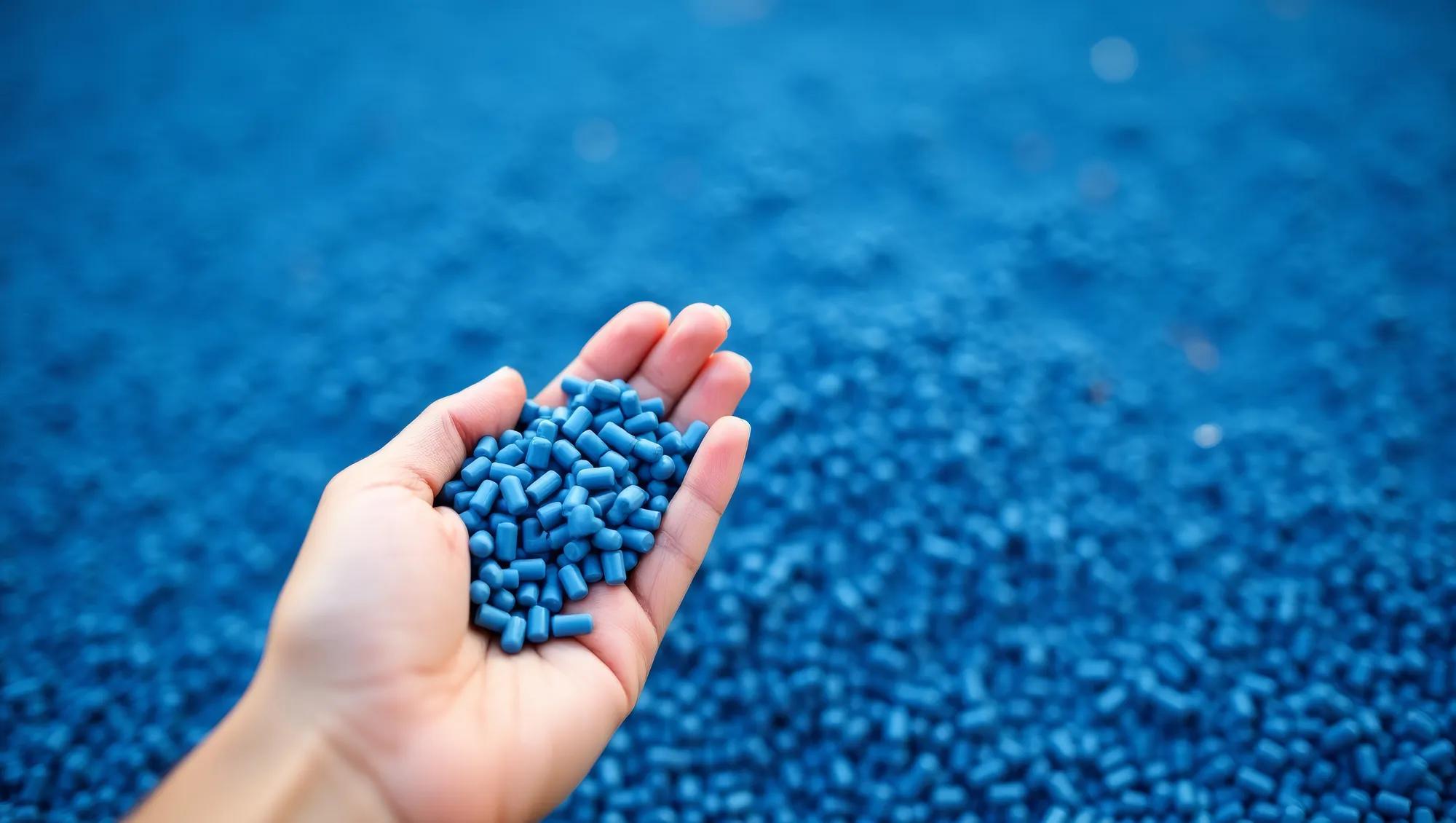 Polymer pellets blue in female hand
