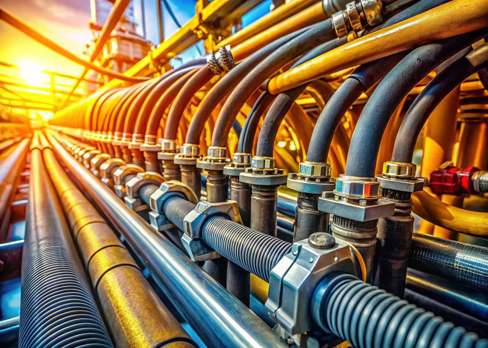 Close-up of High-Pressure Hydraulic Hose System Connected to Steel Pipes in Marine Environment