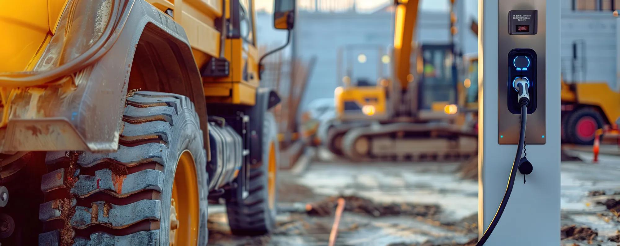 Electric vehicle charger beside heavy machinery on construction site