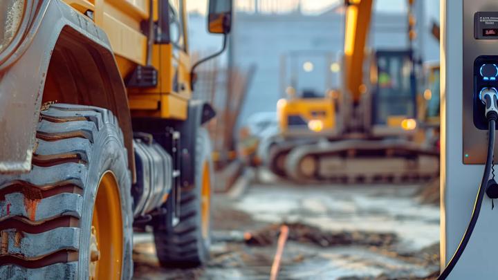 Electric vehicle charger beside heavy machinery on construction site