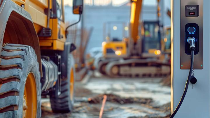 Electric vehicle charger beside heavy machinery on construction site