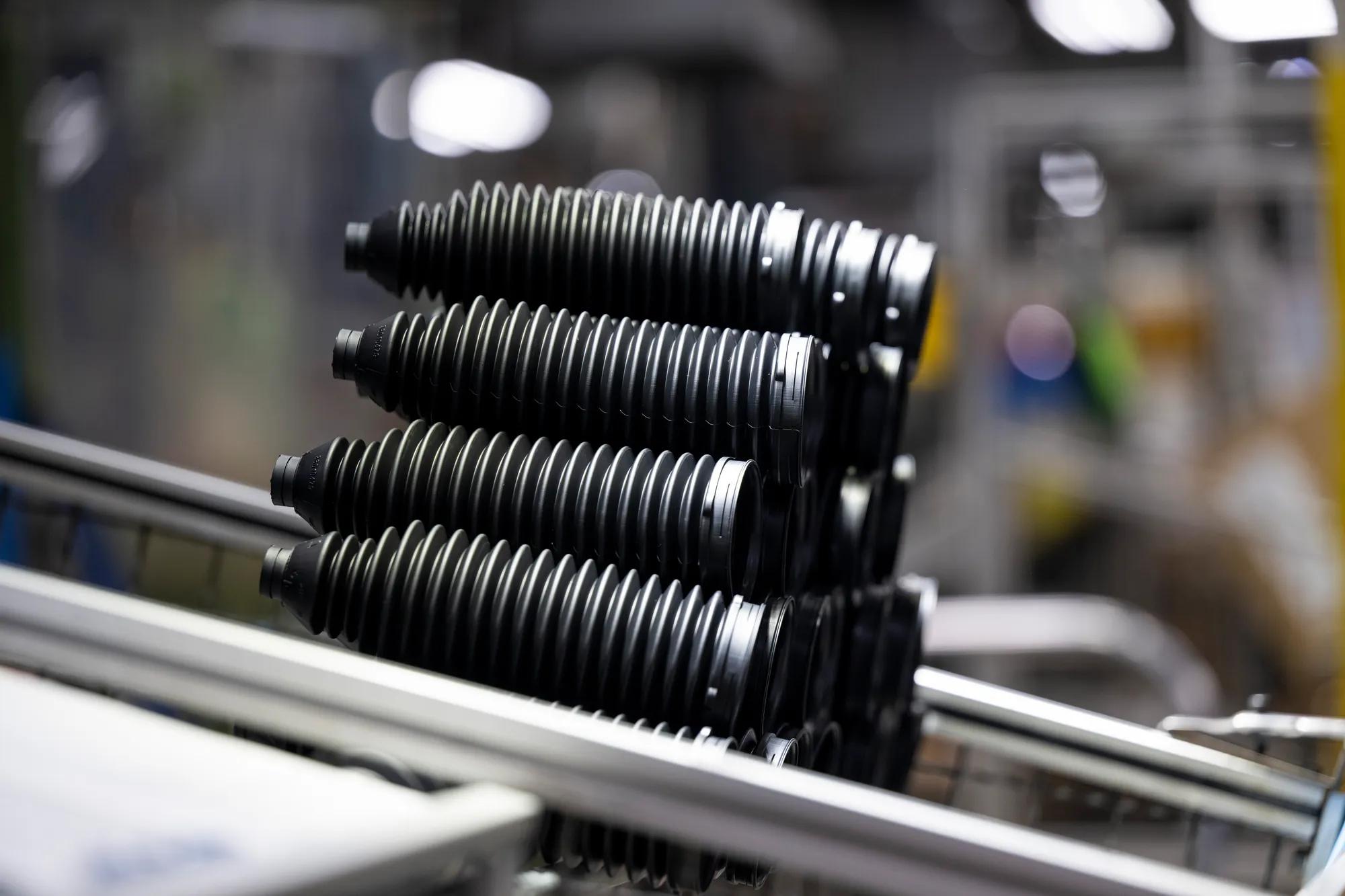 Newly produced rack-and-pinion boots, at Trelleborg Salisbury.